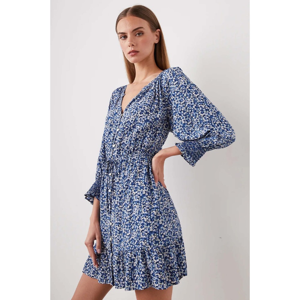 Rails Eliza Dress Small Ice Chrysanthemum Blue Floral Mini Ruffle Smocked Button
